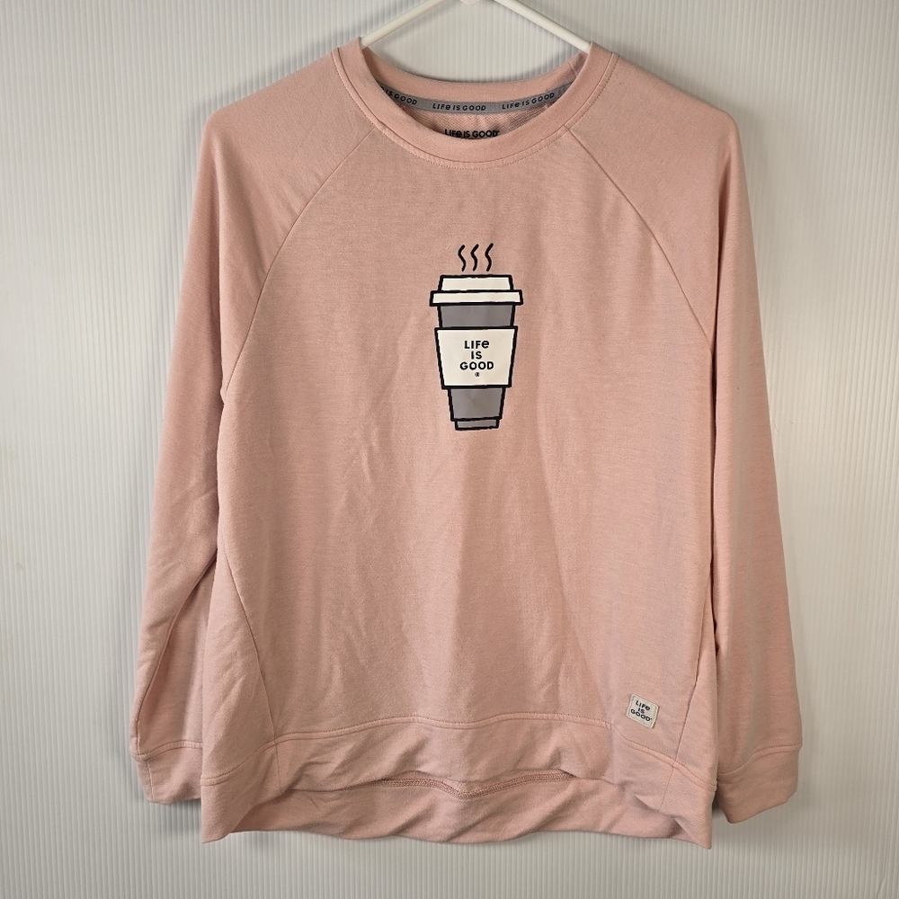 Life is Good Women's Pink Coffee Cup Lightweight Sleep Top/Sweatshirt Size Small